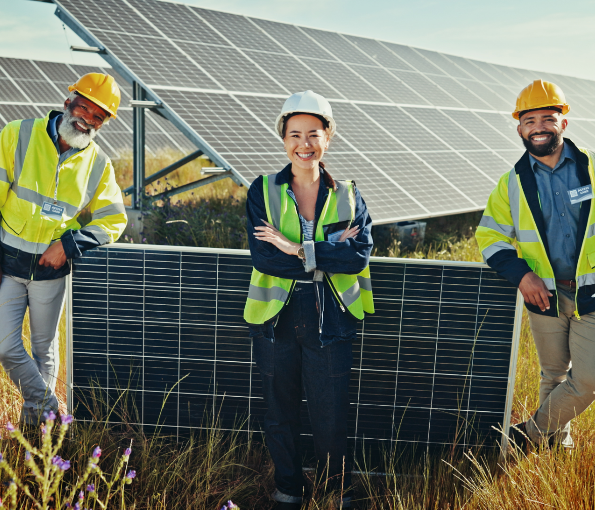 Solar panel, portrait and people with engineering, sustainability and electricity maintenance. Inspector, employees or group with clean energy, teamwork or photovoltaic power grid with cooperation